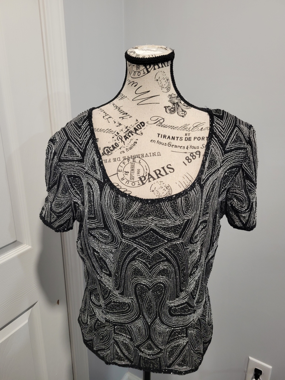 Papelle Boutique Vintage Black & Silver Beaded Scoop Neck Women's Top